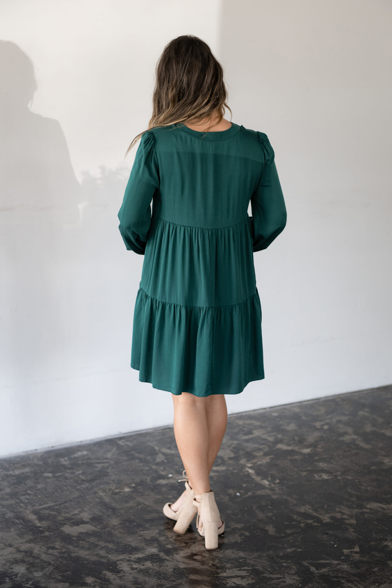 Dark Green Tiered Long Sleeve Dress 