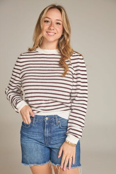 Ivory and Brown Striped Scallop Neck Knit Sweater