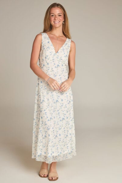 The Theresa | Cream and Blue Floral Midi Dress