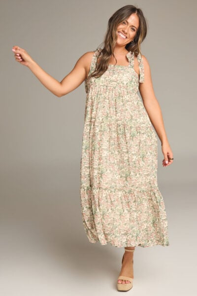 The Gracelynn | Green and Pink Floral Sleeveless Midi Dress
