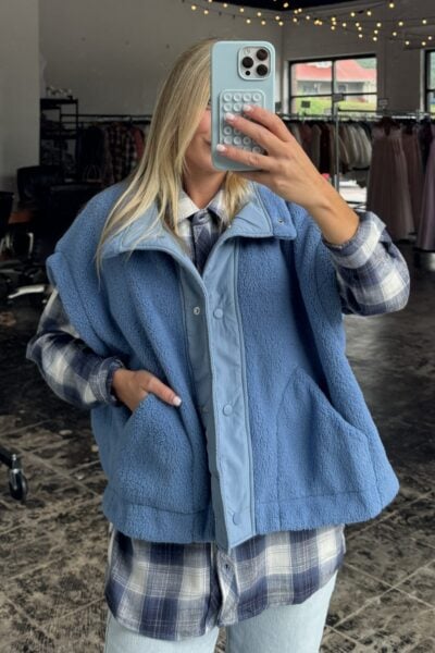 Fuzzy Button-up Vest | Denim Blue