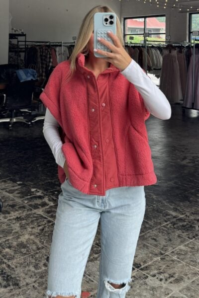 Fuzzy Button-up Vest | Candy Red